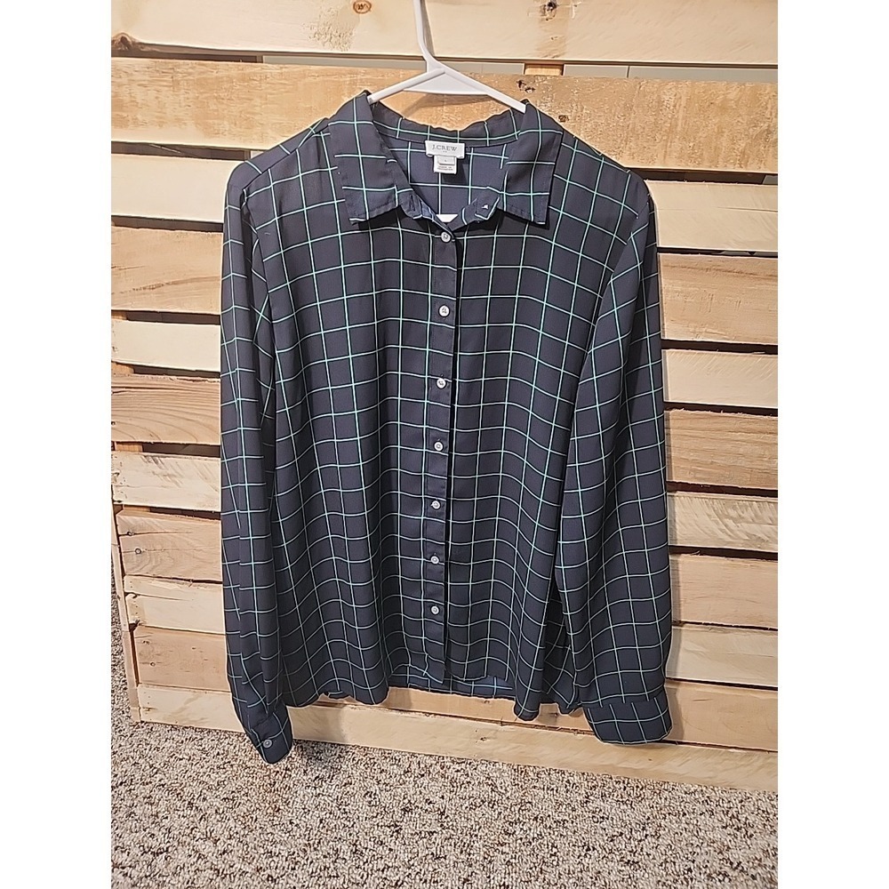 J Crew Shirt Women's L Navy Green Poly Check Long Sleeve Button Up